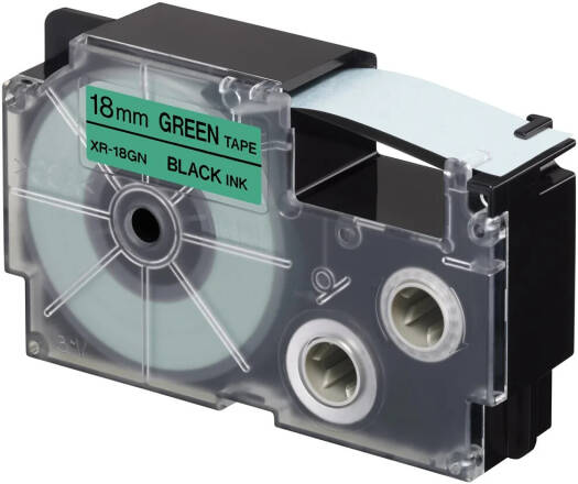 Casio XR-18GN1 18 mm Black on Green Label Tape, 8m Durable Label Printer Cartridge, Compatible with Casio KL- Series Printers, Easy Organizing Labels | XR-18GN1