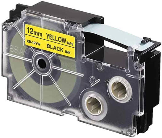 Casio XR-12YW1 12 mm Black on Yellow Label Tape, 8m Durable Label Printer Cartridge, Compatible with Casio KL- Series Printers, Easy Organizing Labels | XR-12YW1