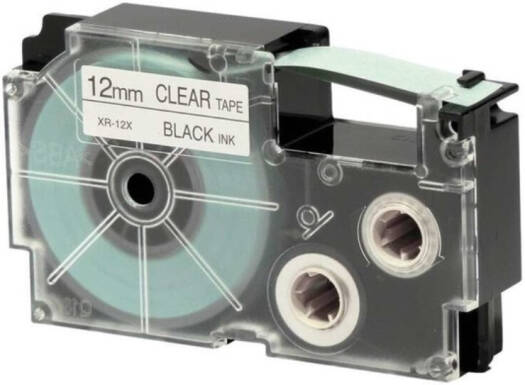Casio XR-12X1 12 mm Black on Clear Label Tape, 8m Durable Label Printer Cartridge, Compatible with Casio KL- Series Printers, Easy Organizing Labels | XR-12X1