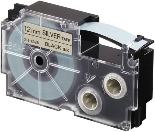 Casio XR-12SR1 12 mm Black on Silver Label Tape, 8m Durable Label Printer Cartridge, Compatible with Casio KL- Series Printers, Easy Organizing Labels | XR-12SR1