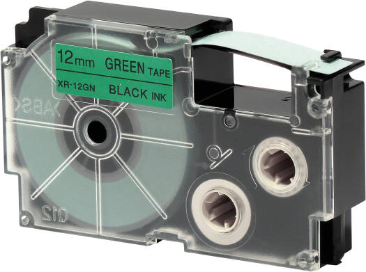 Casio XR-12GN1 12 mm Black on Grenn Label Tape, 8m Durable Label Printer Cartridge, Compatible with Casio KL- Series Printers, Easy Organizing Labels | XR-12GN1