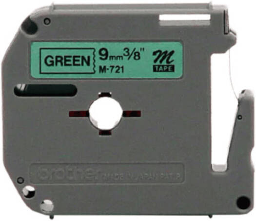Brother M721 Non-Laminated Label Tape, 9mm Black on Green, Compatible with PT-90 & Other P-Touch Label Makers, Indoor Use, Easy Labeling | M-721
