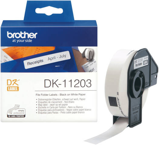 Brother DK-11203 Label Roll, Black on White File Folder Labels 17mm x 87mm, 300 Die-Cut Self-Adhesive Paper Labels per Roll for QL Series Printers | DK-11203