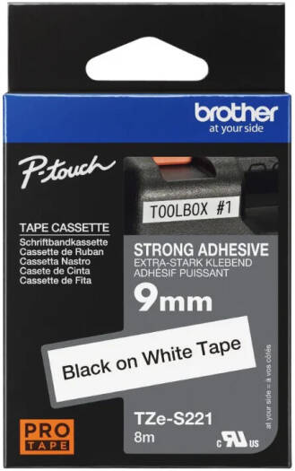 Brother TZe-S221 9mm Black on White, Strong Adhesive | TZe-S221