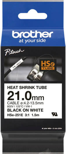 Brother HSE-251E 21.0mm Black on White Heat Shrink Tube Cartridge, heat shrink tubes insulate up to 300V, tape shrinks in a ratio of 3 1, Black | HSE-251E