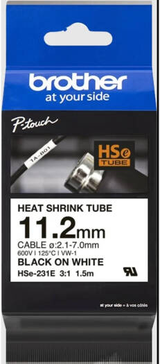 Brother HSE-231E 11.2mm Black on White Heat Shrink Tube Cartridge, Tape Shrinks in a Ratio of 3 1, Heat Shrink Tubes Insulate up to 300V, Black | HSE-231E
