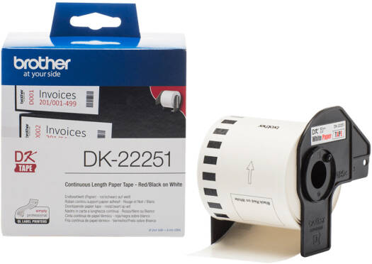 Brother DK-22251 Continuous Paper Label Roll, 62mm, Black and Red on White, | DK-22251
