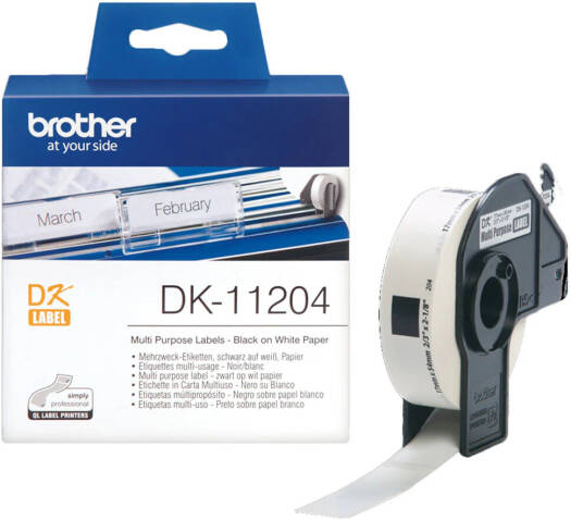 Brother DK-11204 Multi-Purpose Label Roll, 17mm Wide, 54mm Length, Black on White | DK-11204