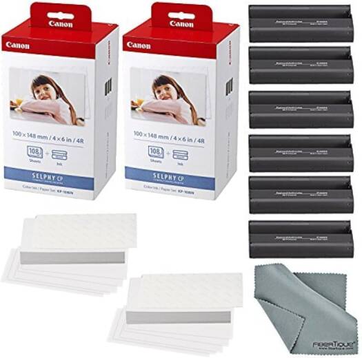 Canon Canon KP-108IN Color Ink and Paper Set Includes Total of 216 Sheets and 6 Ink Cartridges and Fibertique Cleaning Cloth