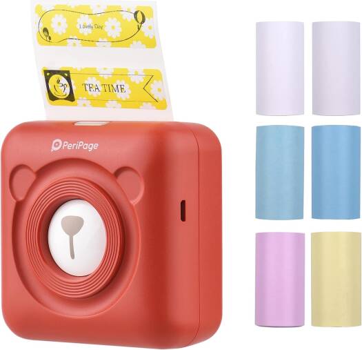 PeriPage BISOFICE A6 Mini Pocket, Wireless BT Thermal Printer, Picture Photo Label Memo Receipt Paper Printer with USB Cable, 6 Rolls Thermal Paper, Red | A6