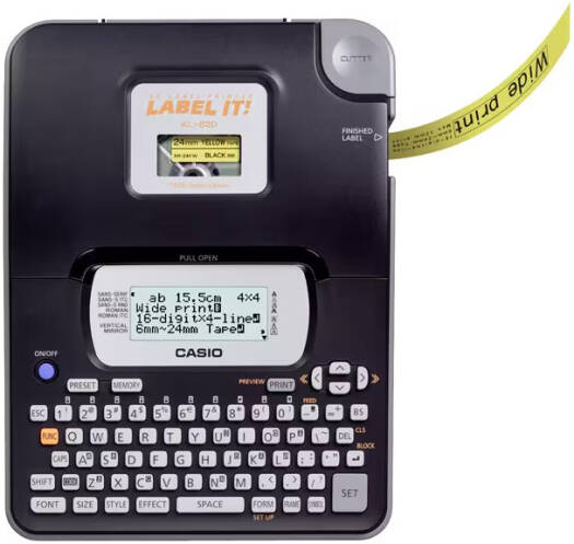 Casio Label It KL-820 Labeler, QWERTY Desktop Label Maker with 4-Line 16-Character LCD, 200 DPI Printing, Up to 24 mm Tapes, Up to 3 Lines per Label, 60 Built-In Designs, Black | KL-820