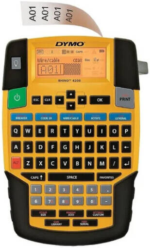 Dymo Rhino 4200 Industrial Label Printer, Large Back-Lit Display, Patented "Hot Keys", Pre-Programmed Library, Integrated Rubber Bumpers, Auto Save/Auto Power-Off, Yellow | D4200