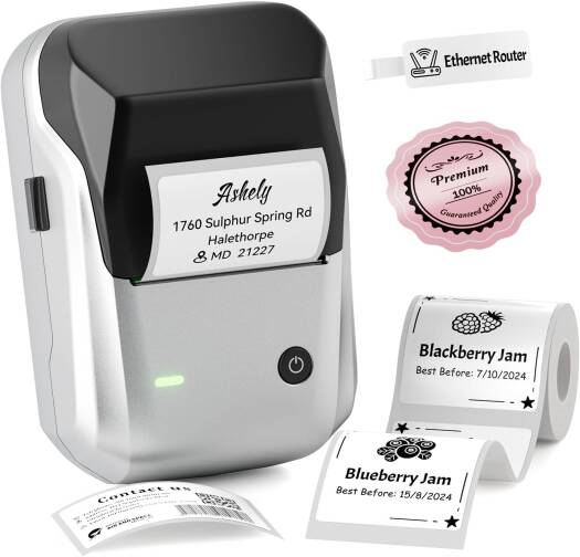NIIMBOT B1 Label Maker, Portable Bluetooth Thermal Label Printer with Large Waterproof Tape and Multiple Templates for Kitchen, 2 Inch, Silver, 1 Printer+1 Roll Label, Silver | B1