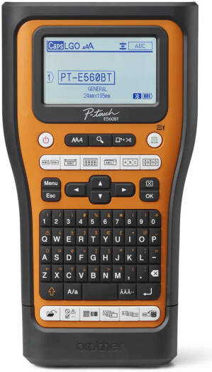Brother PT-E560BTVP Handheld Pro Labelling Machine, 180 DPI Resolution, Up to 24mm Wide Print, Up to 30mm/Sec Print Speed, Automatic (Full & Half) Cutter, QWERTY Keyboard, Black/Orange | PT-E560BTVP