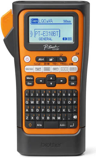 Brother PT-E310BTVP Handheld Pro Labelling Machine, 180 DPI Resolution, Up to 20mm/Sec Print Speed, Industrial Strength Cutter, Up to 18mm Wide Print, QWERTY Keyboard, Black/Orange | PT-E310BTVP
