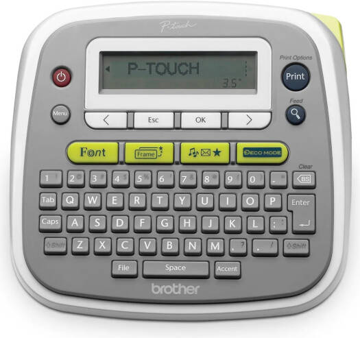 Brother PT-D200 Label Printer, 180 DPI Resolution, 20mm/sec. Print Speed, LCD Display, 825 Number of Characters, Up to 12mm TZe Laminated Tapes Width Print, White/Gray | PT-D200