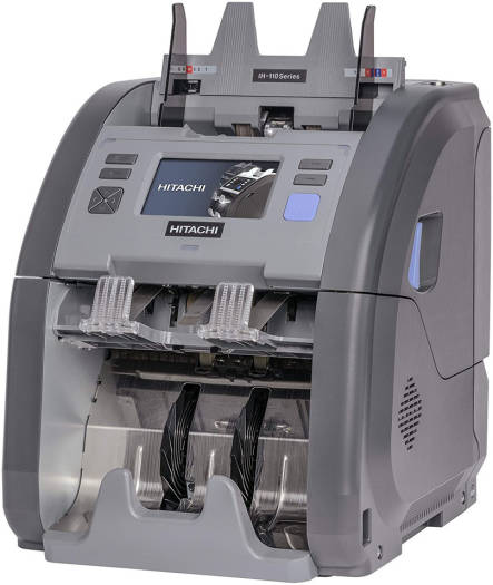 Hitachi IH-110 Cash Counting & Sorting Machine With Counterfeit Detection Technologies, 4.3" Full Color Touch Screen, Dual Pocket, Dual CIS, Fitness Sorter With 25 Currencies, Gray | IH-110