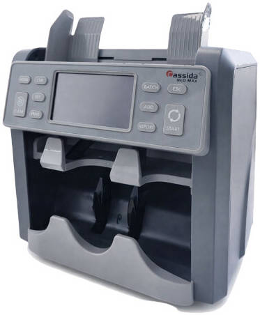 Cassida Neo Max 2-Pocket Mix Value Counter And Sorter With Printer, LCD Touch Screen, 500-1000 Hopper, Auto Currency Recognition, All Currency Mix Mode, Roller Friction System, Gray | NEO-MAX-NV