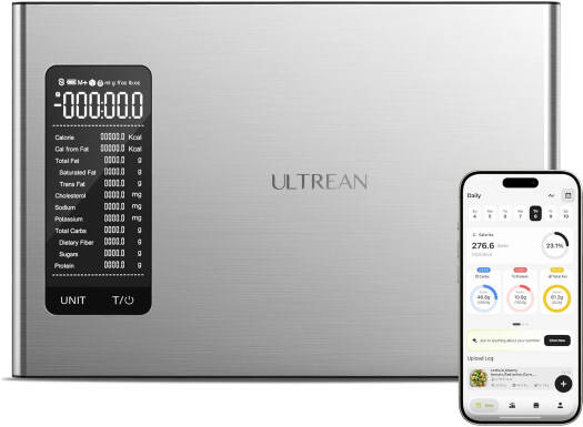 Ultrean Smart Digital Food Scale with App, 10kg/22lb High Precision Kitchen Scale, 1g/0.1oz, Macro Tracker, AI Diet Analysis, Stainless Steel Surface, Battery Powered, Silver | K40H