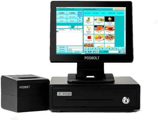 POSBOLT Restaurant POS System Combo With Software, 15" Touch Screen Display, Intel Core i5-4210U, 8GB RAM, 256SSD, 80mm Thermal Receipt Printer (USB + LAN), Stainless Steel Cash Drawer | P622
