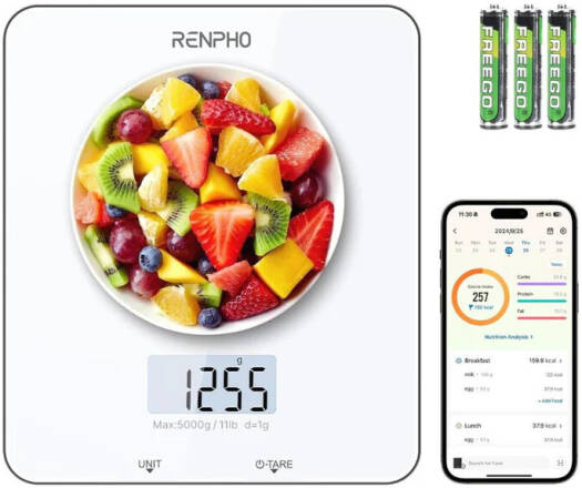 Renpho Calibra 1 Smart Nutrition Scale, LCD Display, 5kg Max Weight, Units in Pounds & Kilograms, Tare Function, Coffee Maker Timer, Glass + HIPS Material, White | ES-SNG01-WH
