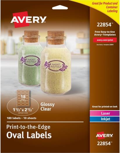 Avery Printable Blank Oval Labels, 1.5" x 2.5", Glossy Crystal Clear, 180 Customizable Labels (22854)