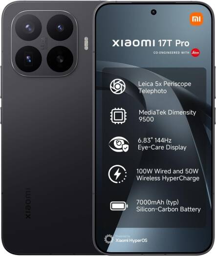 Xiaomi 17T Pro 5G Smartphone, 6.83" 144Hz AMOLED Display, MediaTek Dimensity 9500, 12GB RAM, 512GB Storage, 7000mAh, 100W HyperCharge, Black, TRA Version | 17T Pro 5G