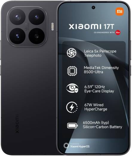 Xiaomi 17T 5G Smartphone, 6.59" 120Hz AMOLED Display, MediaTek Dimensity 8500-Ultra, 12GB RAM, 512GB Storage, 50MP Camera, 6500mAh, 67W HyperCharge, Black, TRA Version | 17T 5G