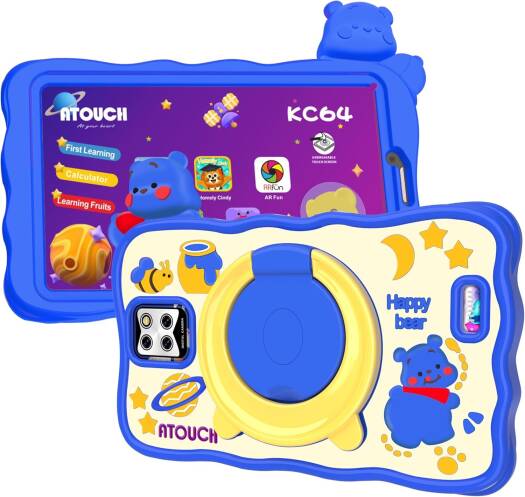 ATOUCH Android Tablet For Kids, 7-Inch Screen Smart Tab Wi-Fi Bluetooth And Dual SIM Early Education With 360° Rotating Stand Silicone Case/Carry Gift Bag, Blue | KC64