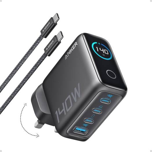 Anker 140W USB C Charger, Laptop Charger, 4-Port Multi-Device Fast Charging, Advanced GaN Power Adapter, Intuitive Touch Controls, Black | B2697KZ1