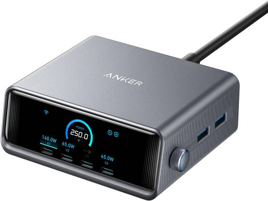 Anker Prime Charger, 250W Max Power Output, 2.26" LCD Display, 4x USB-C and 2x USB-A Ports, 6-Port GaN Charging Station, GaNPrime Technology, Space Gray | A2345241