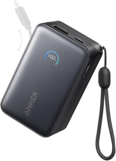 Anker Nano Power Bank, 10000mAh Portable Charger with 2.3 ft InstaCord Retractable Cable, 45W Max Compact Battery Pack, Smart Display, Black | A1638H11