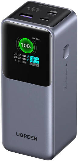 UGREEN Nexode Power Bank, 100W Super Fast Charging, 20000 mAh Capacity, 130W Dual Output, 3 Port USB C, TFT Display, Travel Ready, Black | 35524B