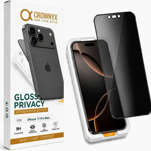CROWNYX Privacy Screen Protector for iPhone 17 Pro Max, Dust free, Anti Finger Print, Shatter Proof, Scratch Resistant, Anti Spy Tempered Glass, Easy Installation Kit | IP-17PM-GPSP