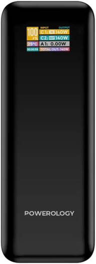 Powerology NeuroVolt 140 27000mAh Power Bank, 140W PD Fast Charging, Dual USB C, Dual USB A, LED Display, Overcharge Protection, High Capacity, Travel Ready, Rugged & Portable | PPBCHA90BK