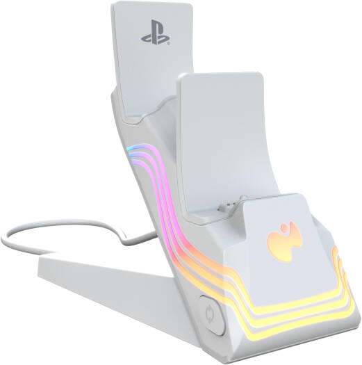 PDP Afterglow Wave LED Dual Gaming Charger for 2 PlayStation 5 DualSense Controllers, Compatible with PS5 and PS4, Customizable RGB Lighting Effects, White | 052-022-WH