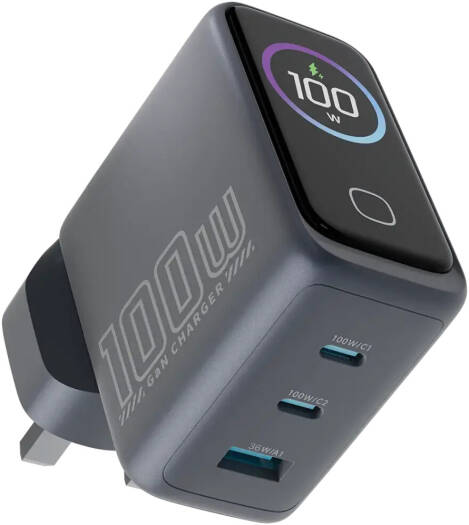 Powerology Voltflow 100W AVS GaN Wall Charger, AI Temperature Control, Smart TFT Display, Rapid Power Delivery, Advanced GaN Technology, Natural Cooling System, Gray | PWCUQC070GY