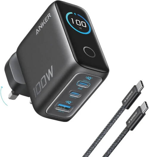 Anker GaN Charger, 100W Power Output, 2x USB-C Ports And 1x USB-A Port, GaN Technology, Dynamic Power Allocation, Smart LCD Display, Gray | B121BKZ1