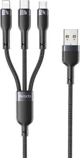 Yesido CA91 3 in 1 USB Cable, Built-In Smart Chip, Fast Charging Support, High-Speed Data Transfer, Tangle-Free Construction, Pure Copper Wire Core, Universal Compatibility, Black | CA91