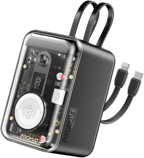 Promate 65W Multi-Device Charging Transparent Power Bank with Built-In USB-C & Lightning Cable, 20,000mAh Battery Capacity, 18.5cm Cable Length, Black | Mavrix-20.Black