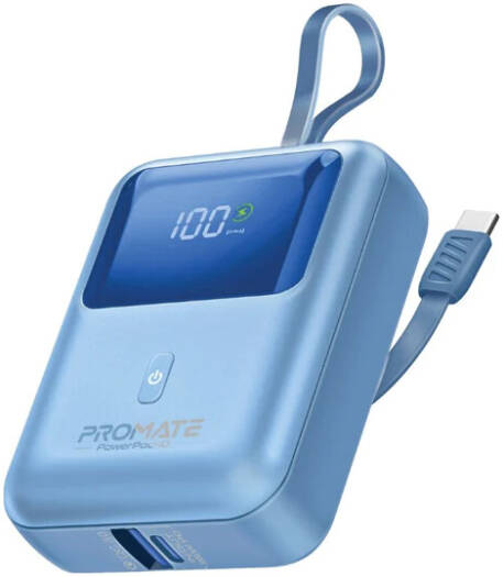 Promate Ultra-Compact 10000mAh Power Bank, 35W Power Delivery Port, Built-In USB-C Cable & 8W QC 3.0 USB-A Port, Smart LED Screen, Ultra Compact Design, Blue | PowerPod-10.Blue