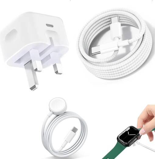 Premium 35W Fast Type-C Power Adapter with Type-C Cable & C to Watch Charger Combo Universal Fast Charging Use/Best for iPhone 15/16 Pro Max, iPad, Samsung, Xiaomi, and More, White
