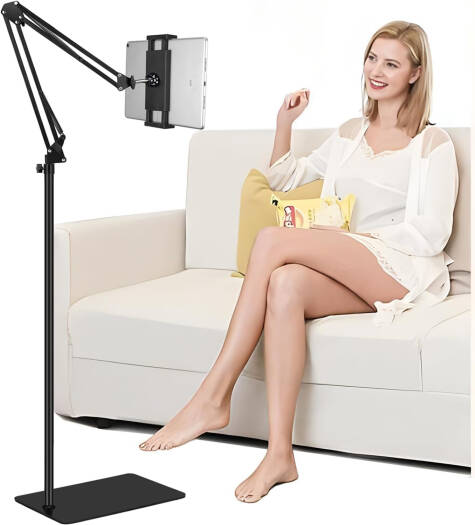 MIOTEQ Tablet Floor Stand, Height Adjustable ipad Floor Stand, Compatible with iPhone iPad Pro Air Mini, Samsung Tab, Kindle, E-Readers, Flexible Adjustments, Hands-Free Convenience, Black | TabStand