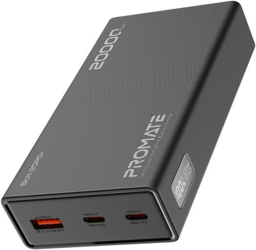 Promate Bolt-20PD+ Power Bank, 20000mAh, 35W USB-C PD, 22.5W USB-A QC 3.0, 2x USB-C Input, Triple Device Charging, LED Display, In-Flight Approved, Multi-Protection, Black | Bolt-20PD+