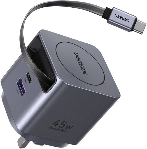 UGREEN Nexode Pro 45W GaN Wall Charger, USB-C PD & PPS Fast Charging, 1x USB-C, 1x USB-A, Built-In 0.7M Retractable USB-C Cable, QC, AFC, FCP, 8 Safety Protections, Grey | 65823