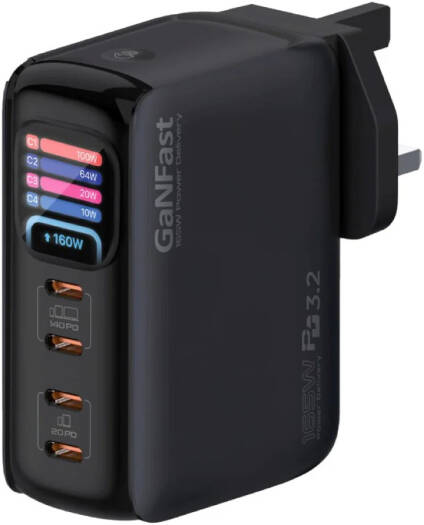 Promate Prime-165W GaNFast USB C Charger, 4 Port USB C Fast Charging Station, Dual 140W PD 3.2 Outputs, Smart TFT Power Display, PPS And AVS Charging Support, Multi Device, Black | Prime-165