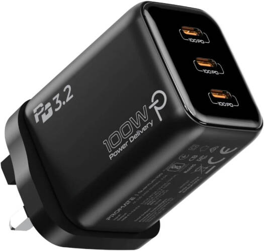 Promate Quantum100 GaN Charger, 3 Port USB C Adapter, Powigan 100W, Smart Power Distribution, PPS Charging Support, PD 3.2 Technology, AI Thermal Protection, Multi Device, Black | Quantum100W