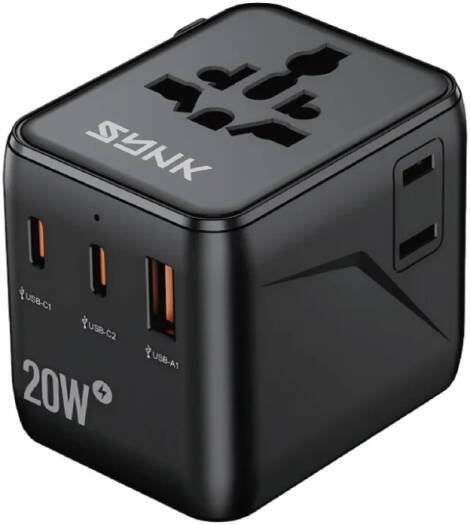 SYNK Thunder Series 20W Travel Adapter, Dual USB-A + USB-C Fast Charging, 20W PD Output, Worldwide Plug Support, Smart Chip Safety Charger, Black | SKTVLPD20BK