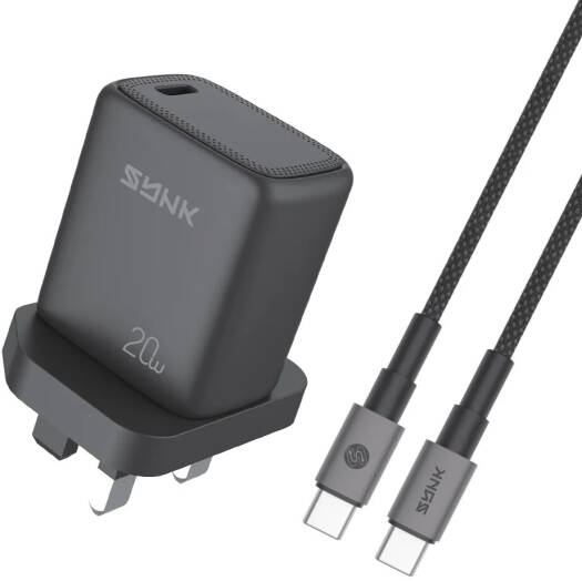 SYNK Thunder Series 20W Fast Charger (C to C), USB-C PD Fast Charging Adapter with PPS Support, Smart Chip, 60W Cable Included, Multi-Protocol Safe Charging, Black | SKTPD20CCBK