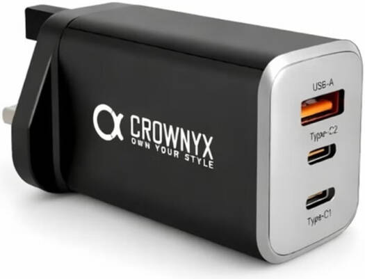 CROWNYX 65W 3-Port Fast Charger, Dual USB-C & USB-A Compact PD Wall Adapter for MacBook, iPhone, Samsung, iPad, Tablets & Travel Use, Black | CMC-365